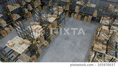 Image of drone view of stacks of boxes in warehouse 105970037