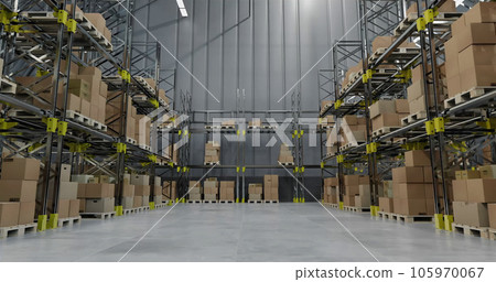 Image of drone view of stacks of boxes in warehouse 105970067