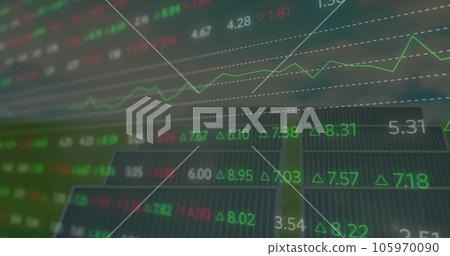 Image of stock market data processing over solar panels on grassland against blue sky 105970090