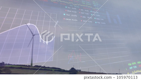 Image of financial data and graph over landscape with wind turbines 105970113