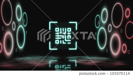 Image of flickering neon qr code scanner and circular shapes against black background 105970114