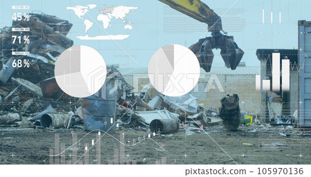 Image of infographic interface over scrap shearing machine pilling up metal scrap Image of infographic interface over scrap shearing machine pilling up metal scrap 105970136