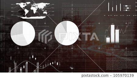 Image of infographic interface over modern cityscape against sky Image of infographic interface over modern cityscape against sky 105970139