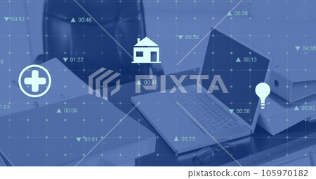 Image of multiple digital icons and data processing against close up of a desk at office 105970182