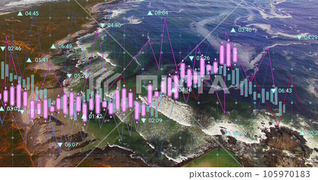 Image of financial data processing over aerial view of sea waves Image of financial data processing over aerial view of sea waves 105970183