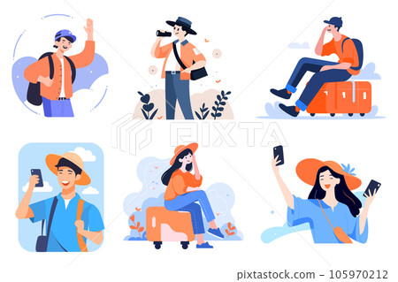 Hand Drawn Tourist is traveling and taking photos happily in flat style Hand Drawn Tourist is traveling and taking photos happily in flat style 105970212