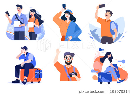 Hand Drawn Tourist is traveling and taking photos happily in flat style Hand Drawn Tourist is traveling and taking photos happily in flat style 105970214