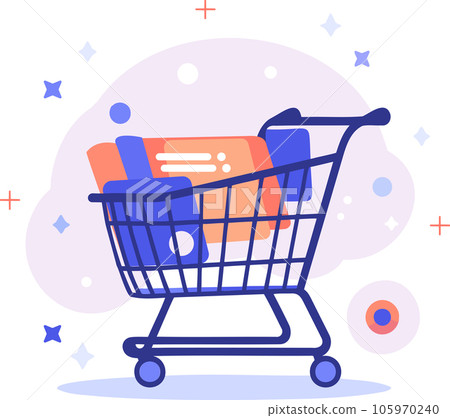 Hand Drawn shopping cart full of gifts at the mall in flat style 105970240