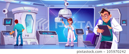Scientific laboratory on board spacecraft cartoon. 105970242