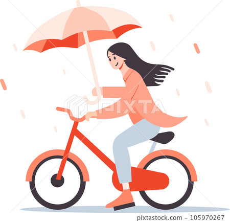 Hand Drawn beautiful woman riding a bicycle and holding an umbrella in flat style 105970267