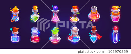 Glass bottles with magic potion and elixir. 105970269