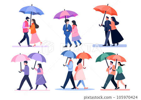 Hand Drawn couple holding umbrellas in the rain in flat style Hand Drawn couple holding umbrellas in the rain in flat style 105970424