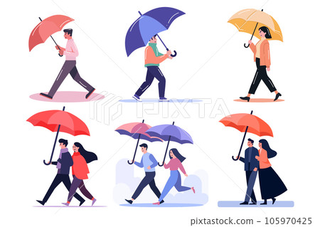 Hand Drawn couple holding umbrellas in the rain in flat style Hand Drawn couple holding umbrellas in the rain in flat style 105970425