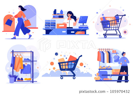 Hand Drawn clothing stores and shops in shopping malls in flat style 105970432