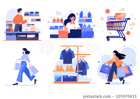 Hand Drawn clothing stores and shops in shopping malls in flat style Hand Drawn clothing stores and shops in shopping malls in flat style 105970433