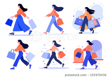 Hand Drawn happy Woman holding shopping bags and walking in shopping mall in flat style 105970436