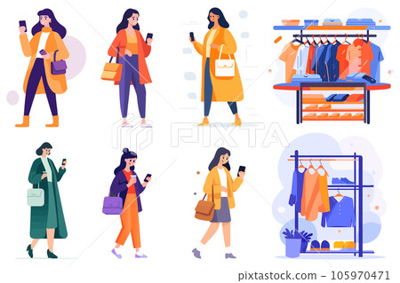Hand Drawn happy Woman holding shopping bags and walking in shopping mall in flat style Hand Drawn happy Woman holding shopping bags and walking in shopping mall in flat style 105970471