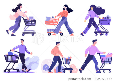 Hand Drawn shopping cart full of gifts at the mall in flat style 105970472