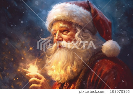 Fabulous magical snowy Christmas card with Santa Claus holding magic light in his hand close up. Horizontal format. Generated AI. 105970595