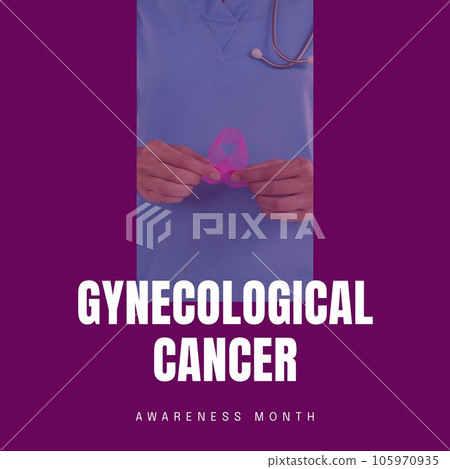 Composite of gynecological cancer awareness month over caucasian female doctor with ribbon 105970935