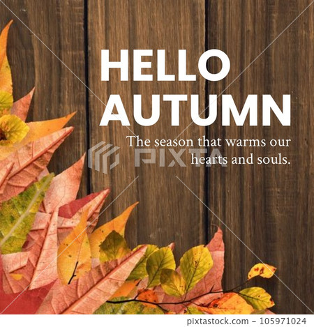 Composite of hello autumn text over autumn leaves on wooden background 105971024