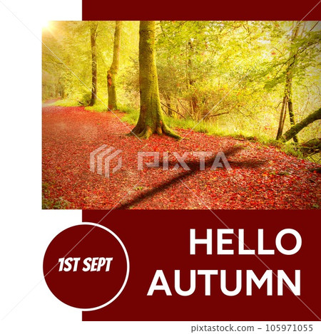 Composite of hello autumn text over autumn trees 105971055