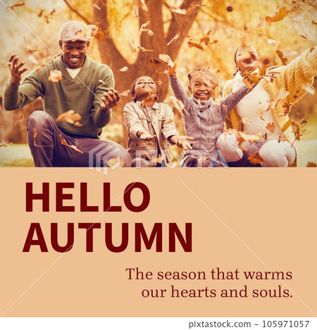 Composite of hello autumn text over african american couple with son and daughter autumn park Composite of hello autumn text over african american couple with son and daughter autumn park 105971057