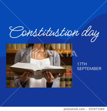 Constitution day text in white on blue and midsection of biracial female attorney holding book Constitution day text in white on blue and midsection of biracial female attorney holding book 105971060