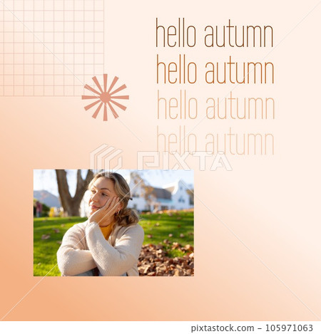 Composite of hello autumn text over happy caucasian woman in autumn park 105971063