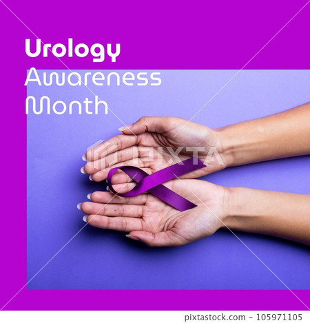 Composite of urology awareness month over happy biracial woman's hands with purple ribbon 105971105