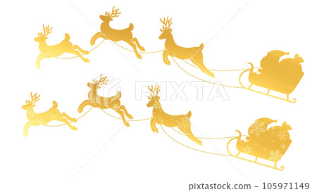 Santa Claus and reindeer carrying gold presents in a sleigh 105971149