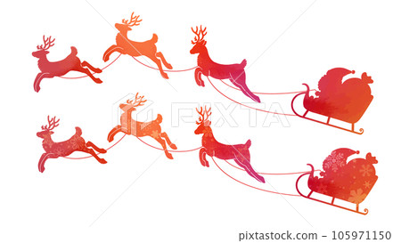 Santa Claus and reindeer carrying red presents in a sleigh Santa Claus and reindeer carrying red presents in a sleigh 105971150