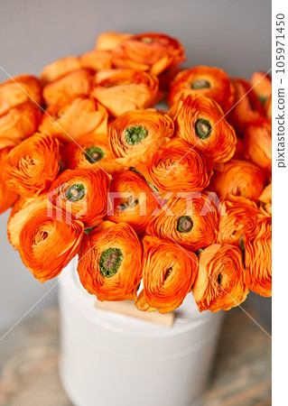 Persian buttercup. Bunch of orange ranunculus flowers on light gray background. Vase on vintage wooden table. Spring background, flower Wallpaper. Persian buttercup. Bunch of orange ranunculus flowers on light gray background. Vase on vintage wooden table. Spring background, flower Wallpaper. 105971450