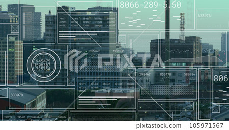Image of interface with data processing against aerial view of tall buildings 105971567