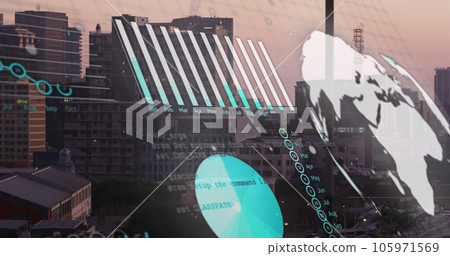 Image of financial data processing over cityscape 105971569