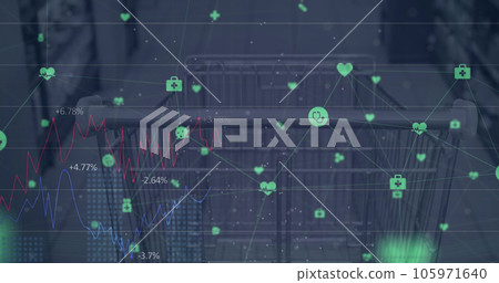 Network of medical icons and statistical data processing against a shopping cart at supermarket Network of medical icons and statistical data processing against a shopping cart at supermarket 105971640