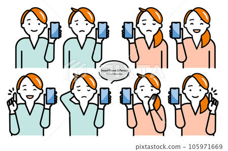 Simple fashionable smartphone, woman with smartphone, genderless person vector illustration set Simple fashionable smartphone, woman with smartphone, genderless person vector illustration set 105971669