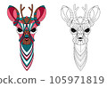 Vector image of a horned animal, consisting of geometric shapes according to the principle of the golden ratio and this image in lines for coloring. Cartoon. EPS 10 105971819
