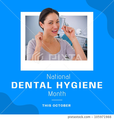National dental hygiene month, this october text over biracial woman flossing teeth in clinic National dental hygiene month, this october text over biracial woman flossing teeth in clinic 105971988