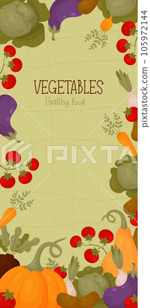 Vegetables healthy food. Vertical banner with pumpkin, tomatoes, cabbage, carrots, eggplant and onions on green checkered background. Vector illustration. Poster template in cartoon style for design. Vegetables healthy food. Vertical banner with pumpkin, tomatoes, cabbage, carrots, eggplant and onions on green checkered background. Vector illustration. Poster template in cartoon style for design. 105972144