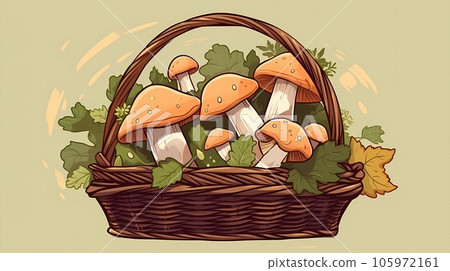 手绘卡通美味的一筐蘑菇插画 105972161