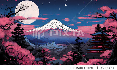 手绘卡通唯美的日本富士山风景插画 105972374