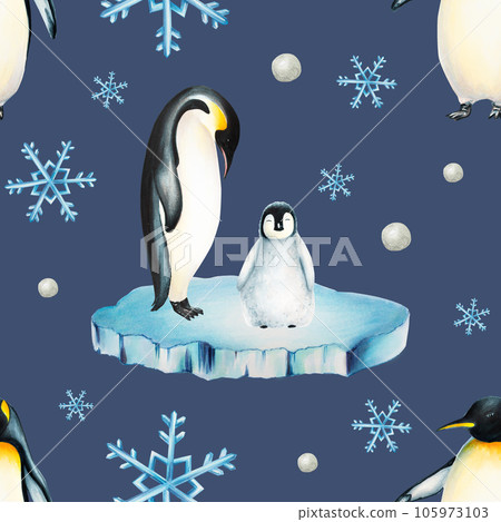 Watercolor seamless pattern with king penguin family on the floating ice isolated. Hand painting realistic Arctic and Antarctic ocean mammals. For designers, decoration, postcards, wrapping paper, Watercolor seamless pattern with king penguin family on the floating ice isolated. Hand painting realistic Arctic and Antarctic ocean mammals. For designers, decoration, postcards, wrapping paper, 105973103