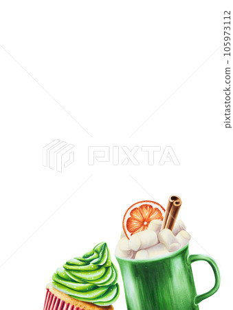 Watercolor postcard with Christmas cream muffins, caramel canes, candies, ice creams. New year hand painting green and red cupcakes isolated on white background. For designers, food decoration, menu, Watercolor postcard with Christmas cream muffins, caramel canes, candies, ice creams. New year hand painting green and red cupcakes isolated on white background. For designers, food decoration, menu, 105973112