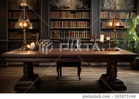 Front view Office desk with office tools, computer laptop on wood table background with copy space. Generative AI Front view Office desk with office tools, computer laptop on wood table background with copy space. Generative AI 105973146