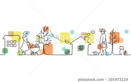 秋季城市景觀和人們風景的彩色線條畫插圖 105973229