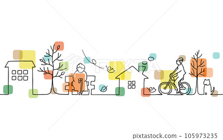 秋季城市景觀和人們風景的彩色線條畫插圖 105973235