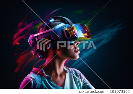Modern technology woman in virtual reality game glasses in neon lights on dark background. Generative AI 105973593