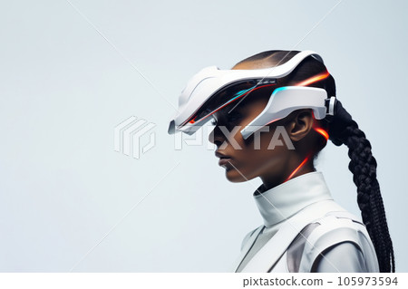 Virtual technology woman side view portrait with empty copy space background. Generative AI 105973594