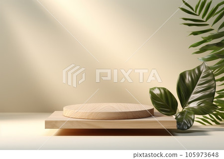 Wooden and Nature podium and beautiful lighting. Background for product presentation. Generative AI Wooden and Nature podium and beautiful lighting. Background for product presentation. Generative AI 105973648